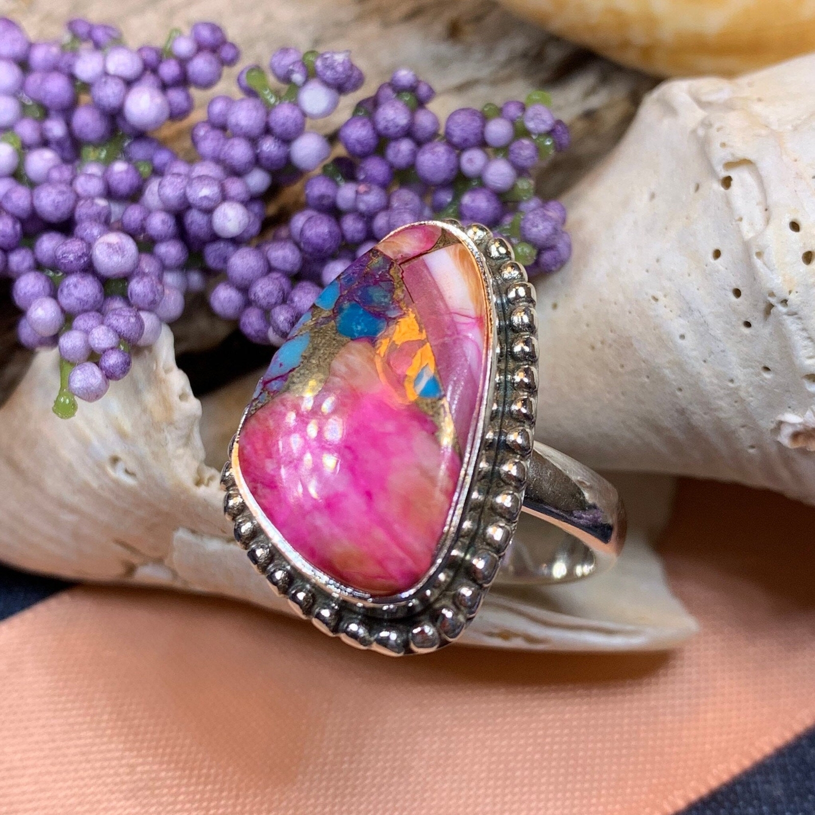 Ladies Statement Ring Boho Spiny Oyster Turquoise Large Wiccan Pagan Ring 925