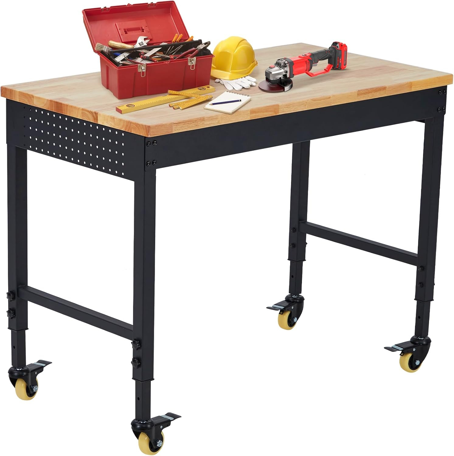 48" Adjustable Height Workbench, Rubber Wood Tabletop Work Table with Wheels, Po