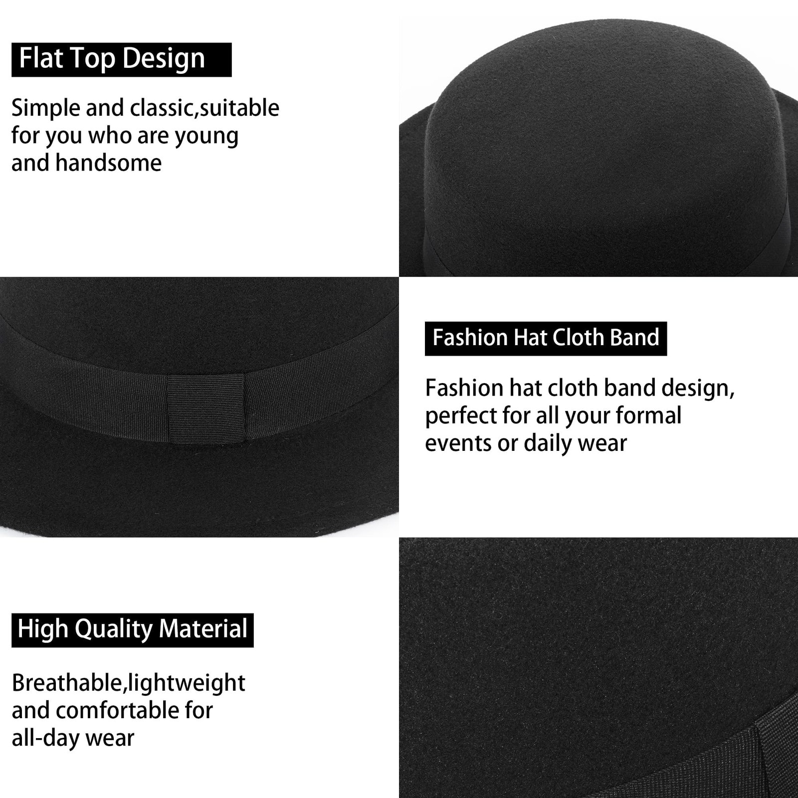 Pork Pie Hat for Men Women Short Brim Fedora Flat Hat Wool Felt Boater Panama...