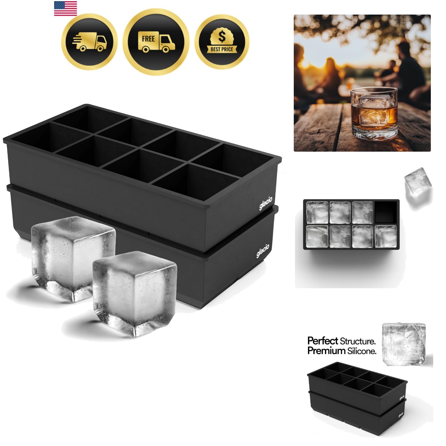 Ice Cube Molds – 2-Pack Silicone Trays for 8 Large Square Cubes – Slow-Melt I...