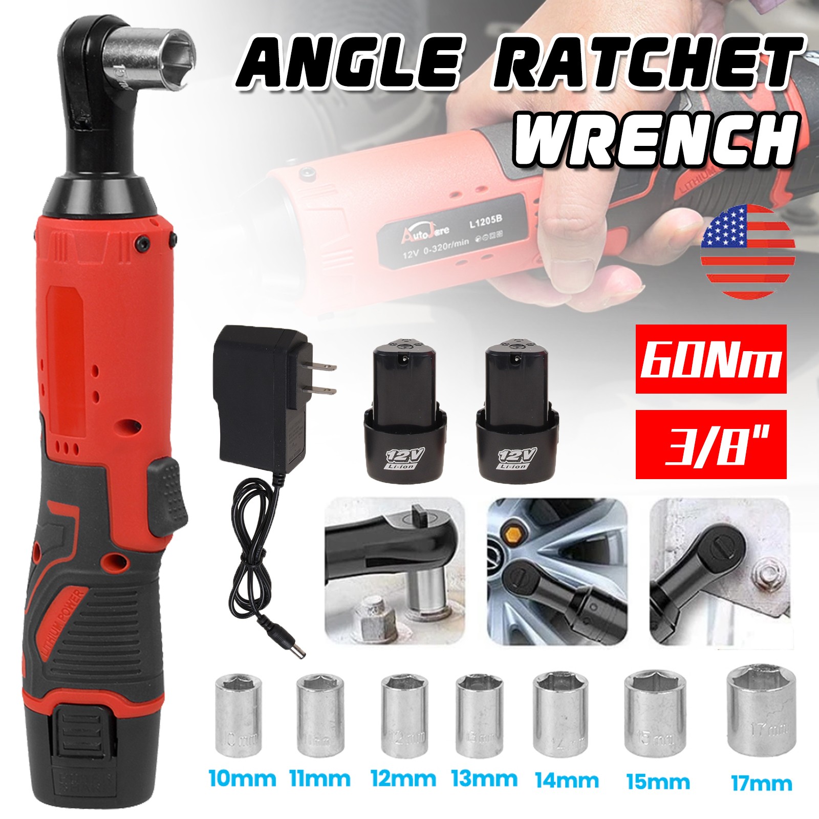 3/8" Cordless Ratchet Right-Angle Wrench with 2 Batteries - Electric Impact Tool