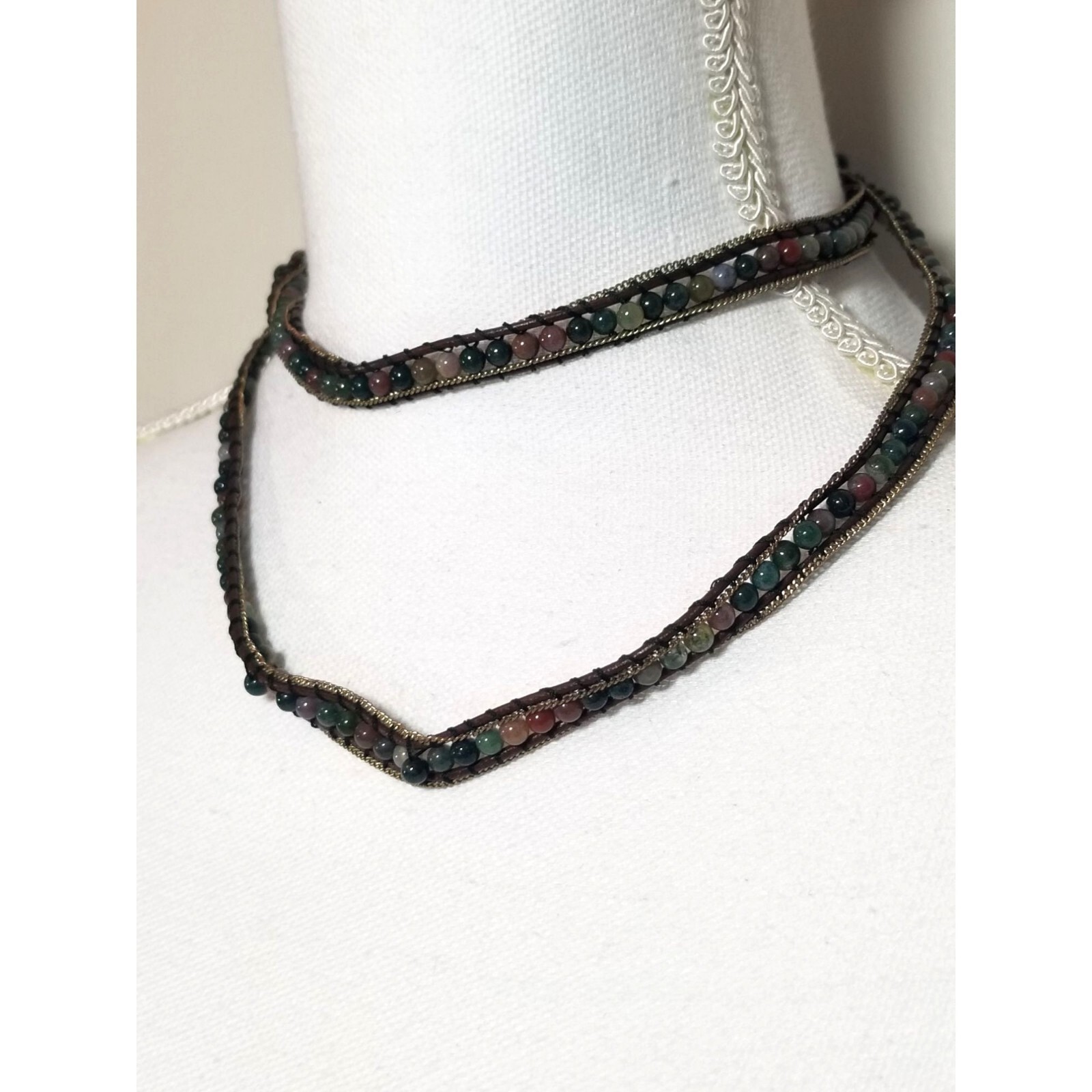 Hand Crafted Belt Necklace 91 Semi Precious Stones Leather Tie Vintage