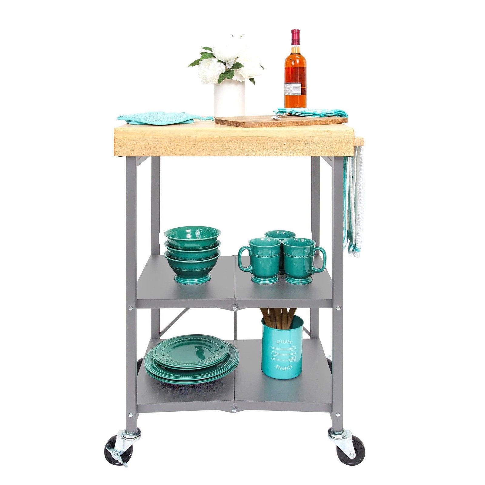 Origami Foldable Kitchen Island Cart, Rolling Storage Table Organizer with Wh...