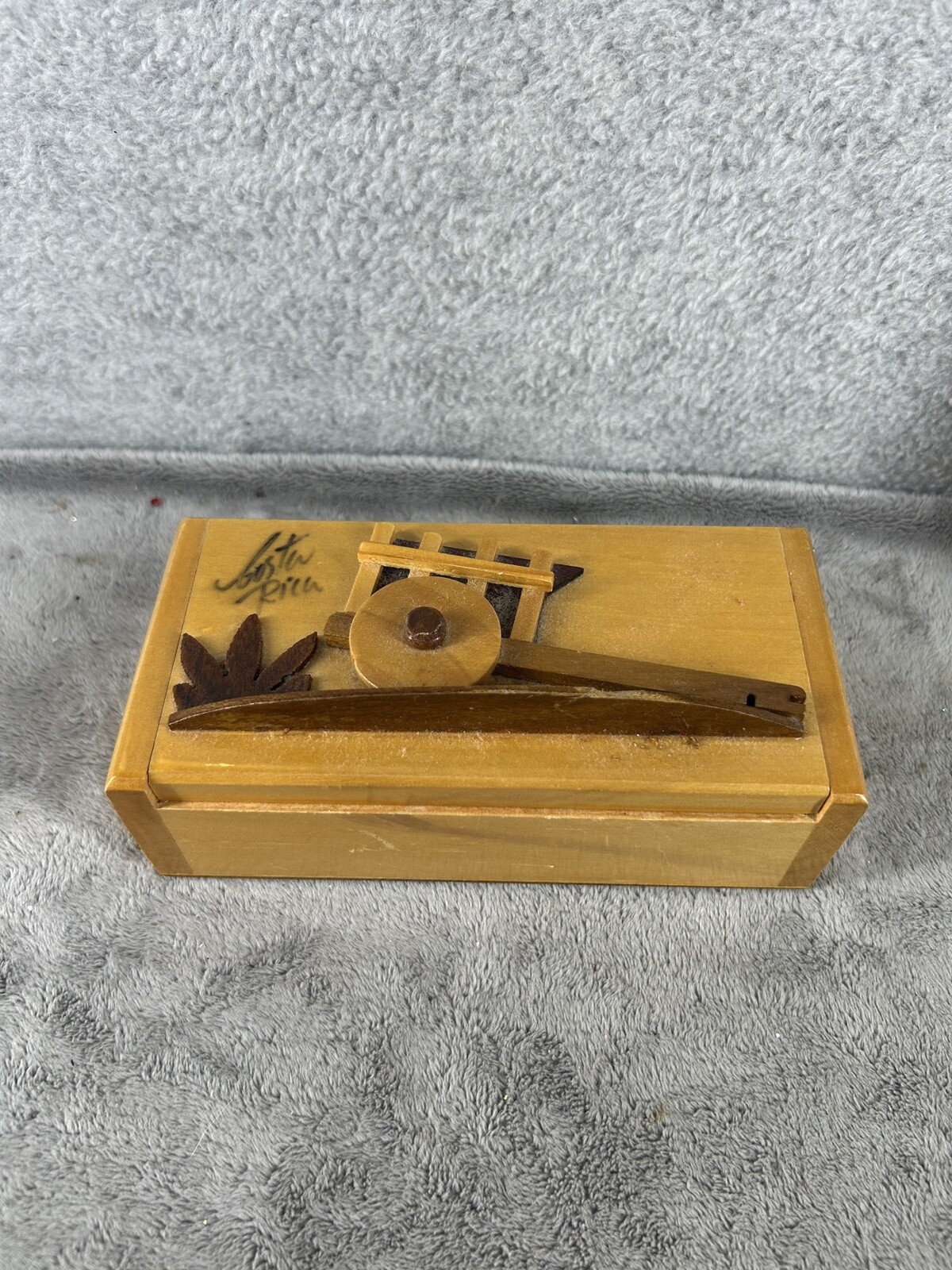 Vintage Wooden Trinket Box With Handmade 3D Wheel Barrel Image 6.5" X 3"