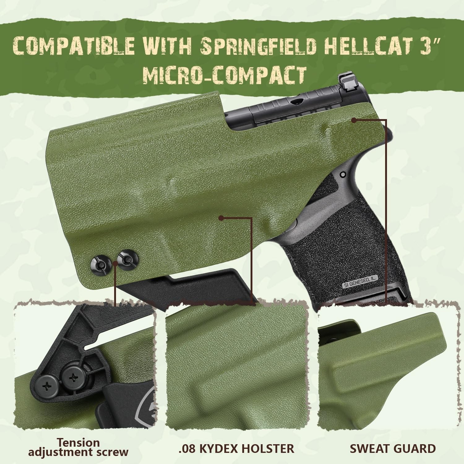 WARRIORLAND Kydex IWB Holster, Compatible Springfield Hellcat & Hellcat