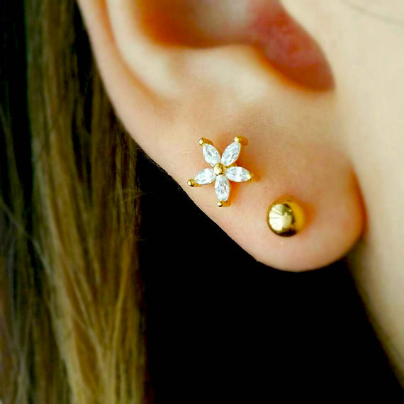 CZ flower cartilage earring rose gold mini flower barbell tragus earring conch
