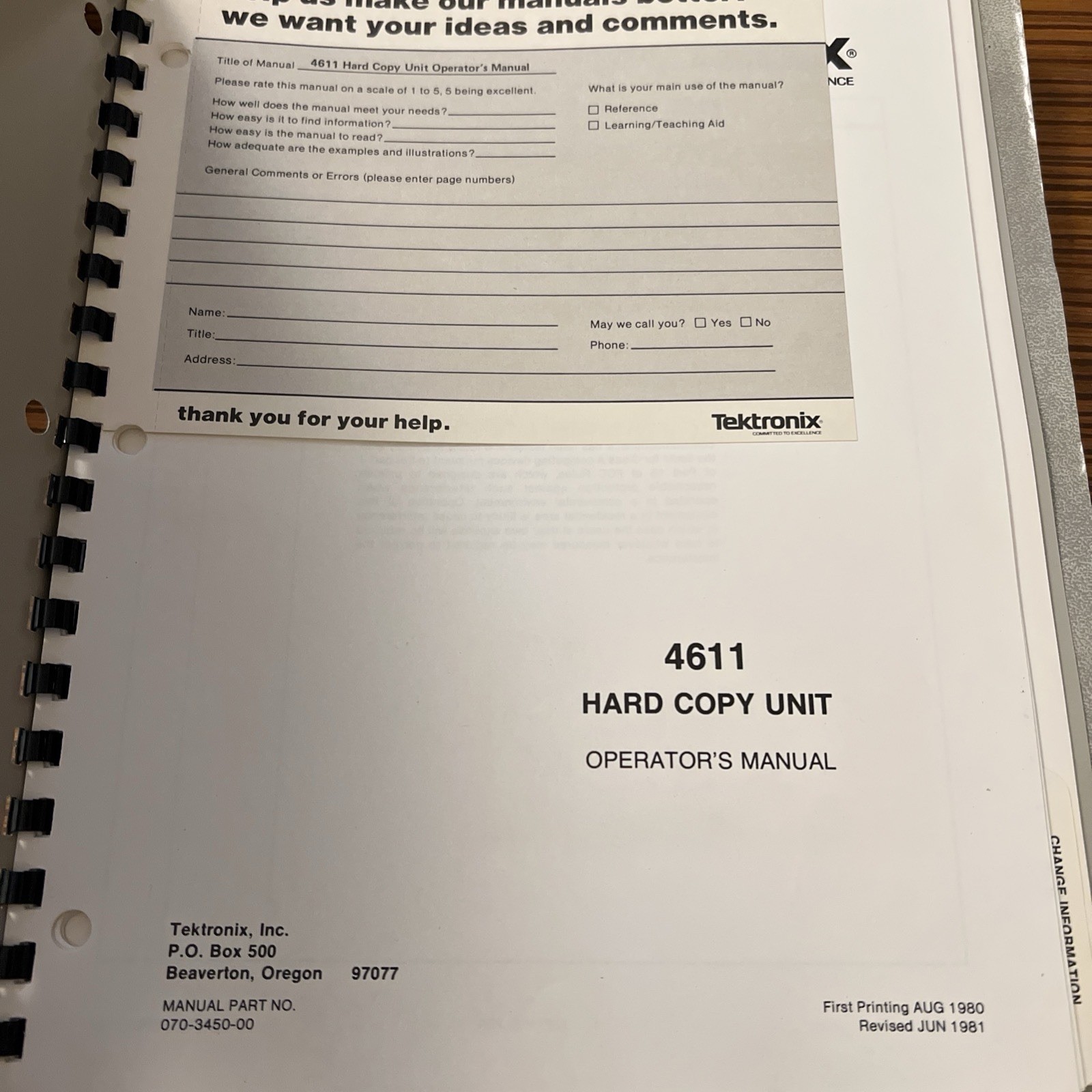 Tektronix 4611 Hard Copy Unit Operator + Service Manuals OEM Set