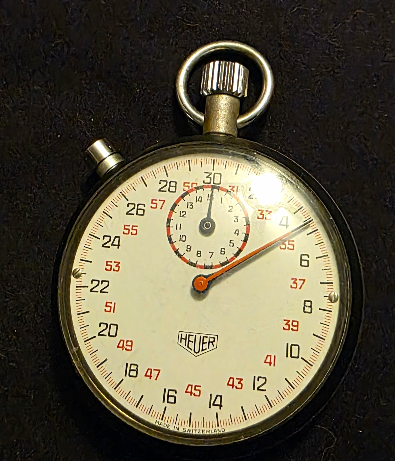 Heuer Mechanical Stopwatch Chronograph Black Case White Dial Swiss Made