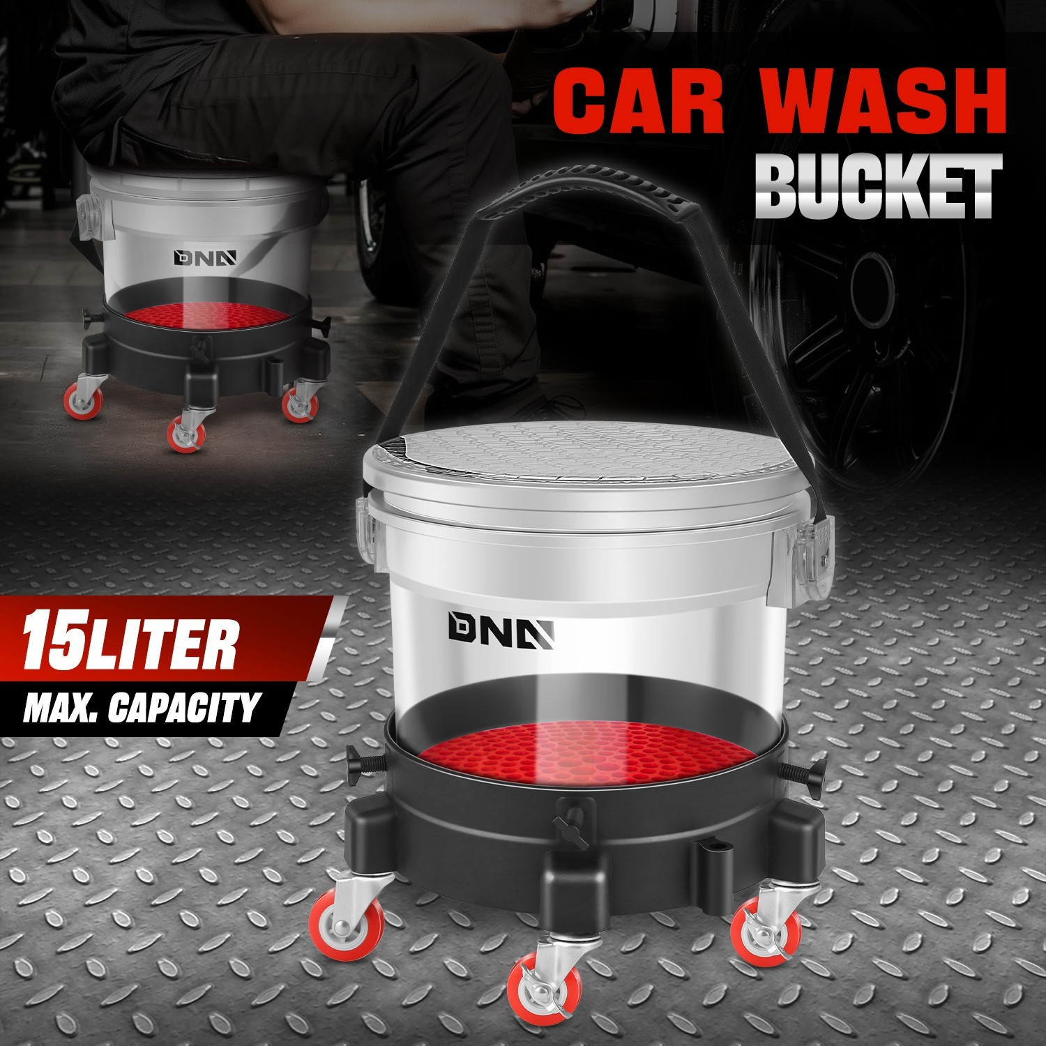 15L Car Wash Bucket Dolly with 11" Seat Lid Grit Guard Tool Set w/ Base Casters