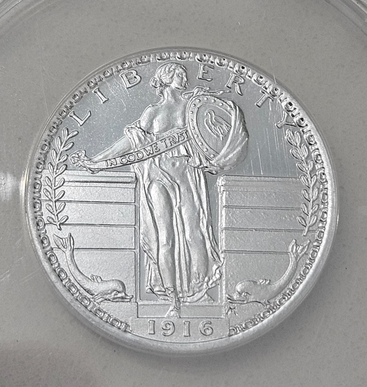 HALF DOLLAR SIZED SILVER 1916 Pattern STANDING LIBERTY QUARTER medal ANACS PR67