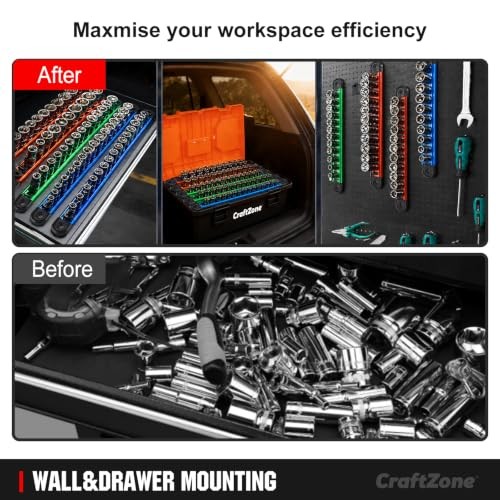 Magnetic Socket Organizer Set | 1/4" 3/8" 1/2" Socket Rail with 120 Clips |