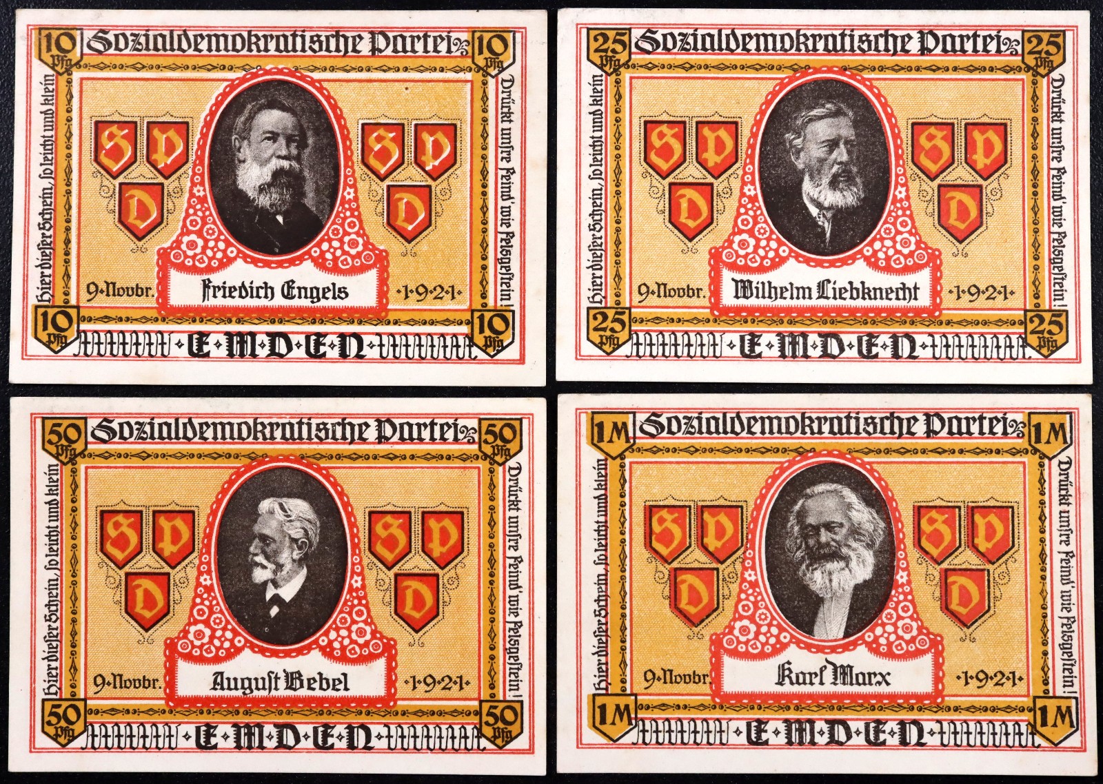 EMDEN 1921 XX-RARE "SPD: Marx Engels Bebel Liebknecht" Complete Series Notgeld