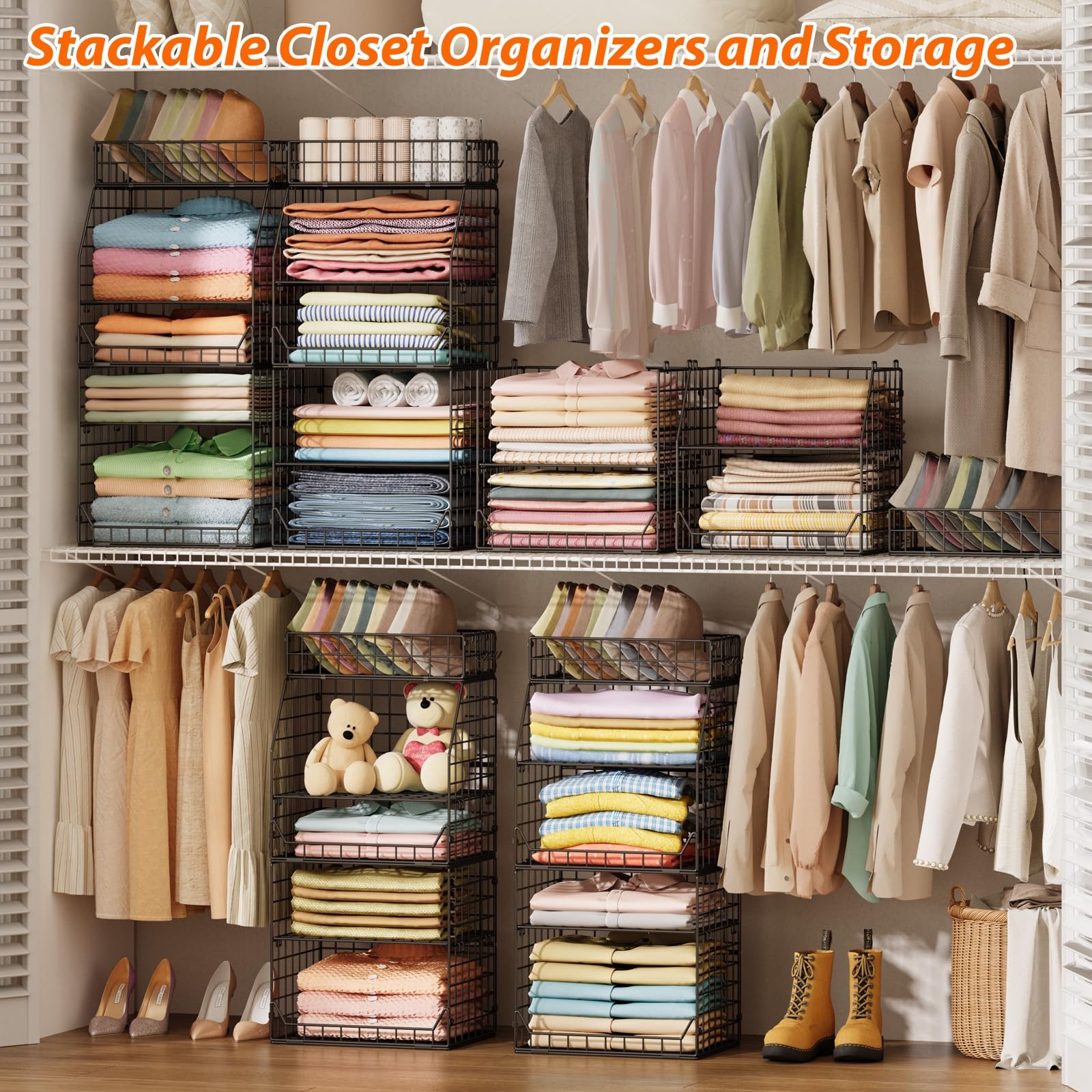5-Tier Stackable Closet Organizers and Storage with Small Basket for Hats,Clo...