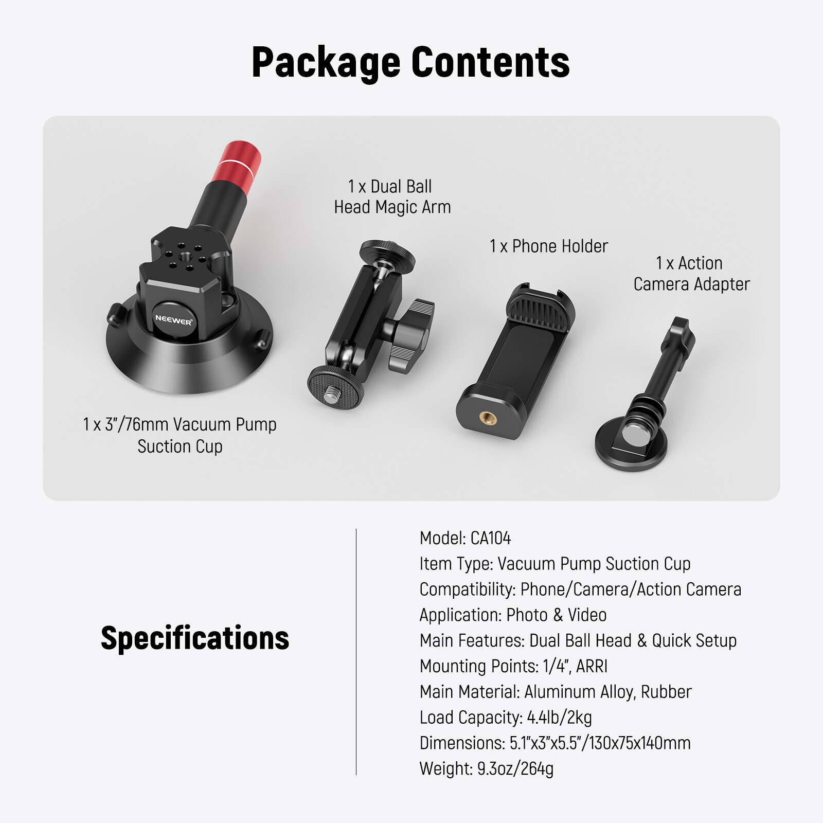 NEEWER 3" Suction Cup Camera Mount Bracket with Ball Head Magic Arm