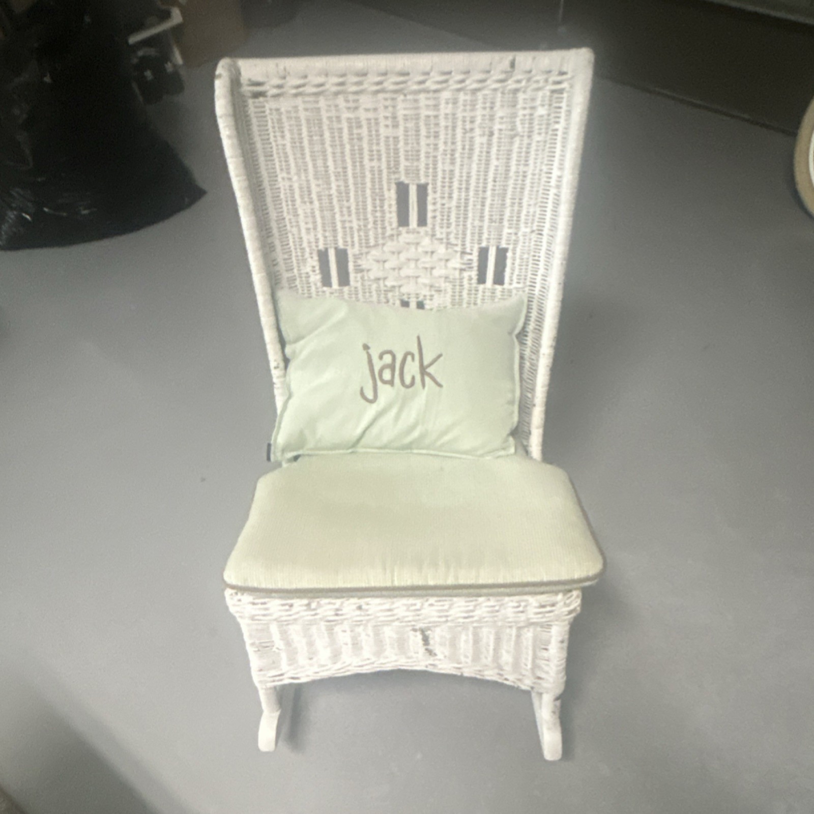White Wicker Rocking Chair with Personalized Cushion for Bedroom or Living Room