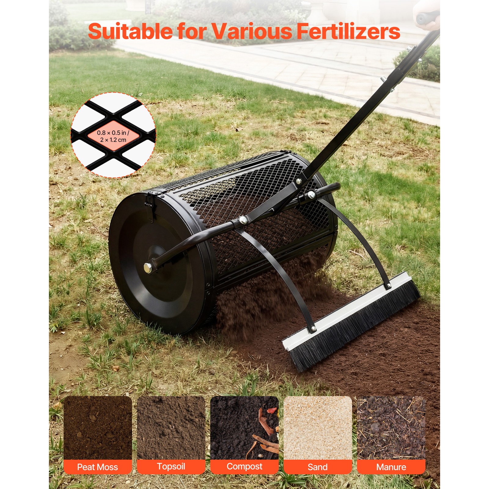 Uimoso Compost Spreader Roller 24" with Push/Tow Handle and Integrated Brush