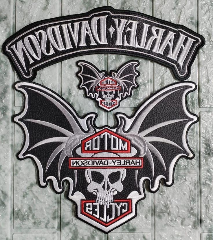 Large Winged Bat Skull Patch Set Motor Cycles Biker Vest Back Rocker 3 Piece Sew