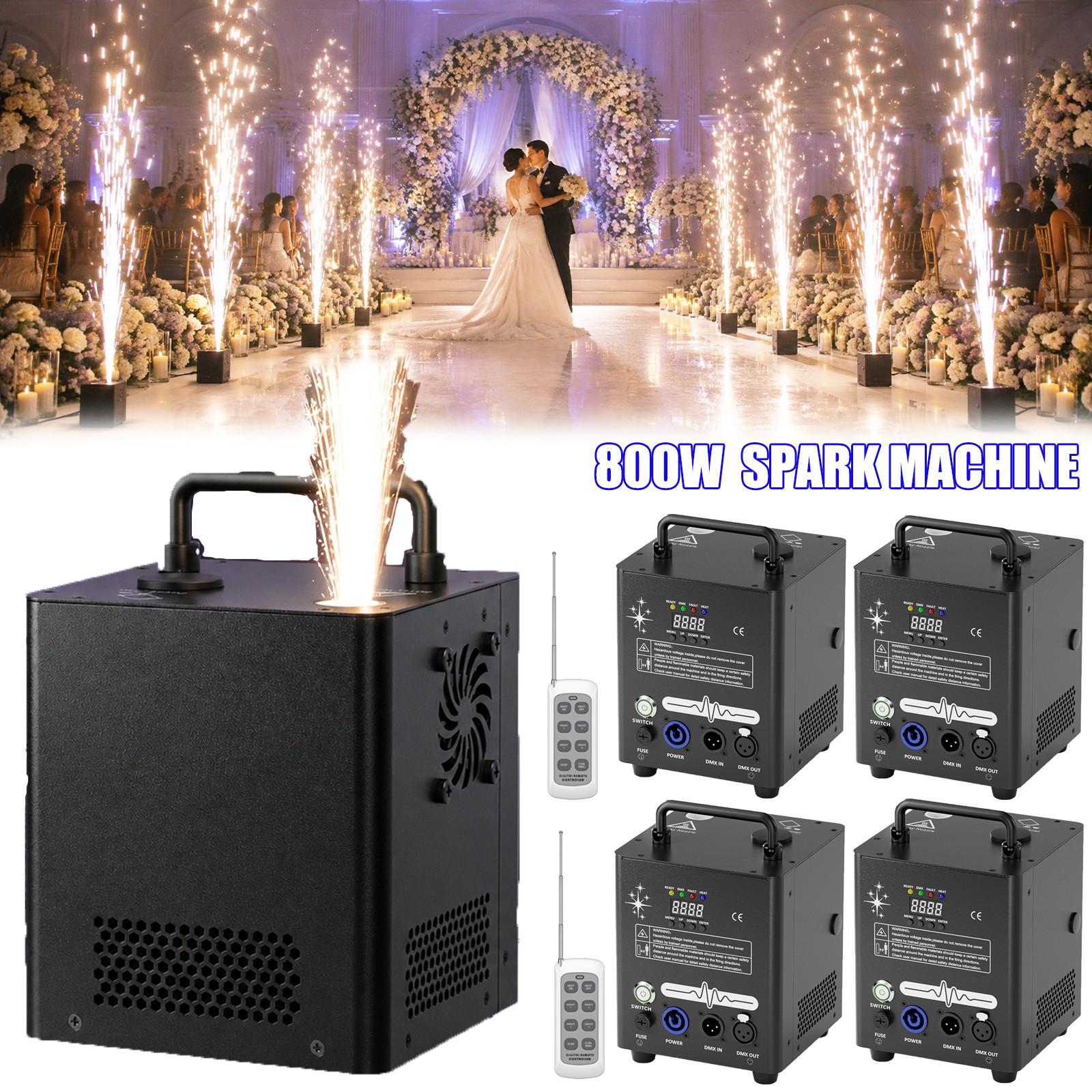 4PC Cold Spark Machine 800W Stage Effect DMX Firework Wedding Club 6.56–11.48ft
