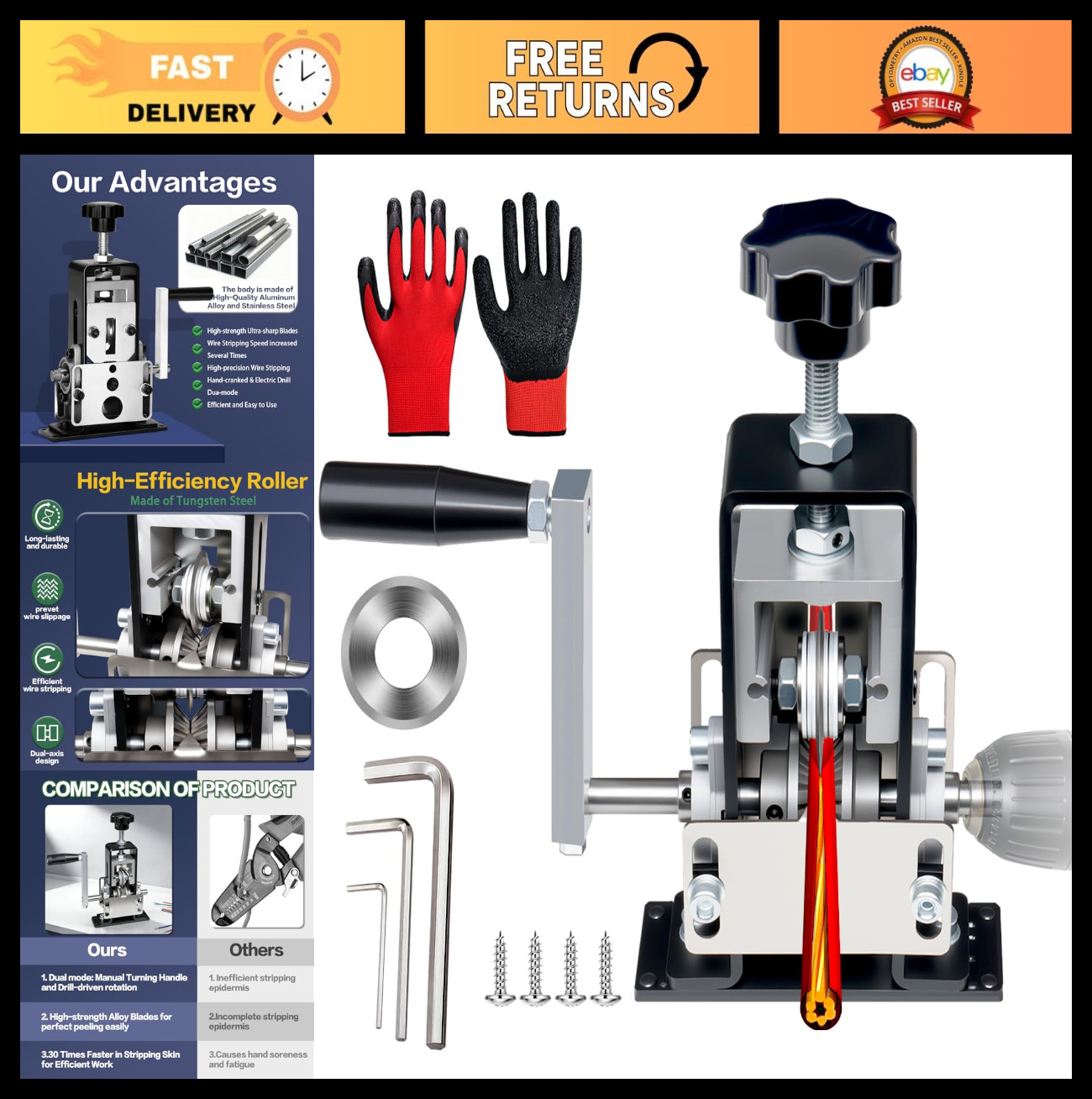 Manual Wire Stripping Machine - Drill Powered Hand Crank Tool for Copper Recycli