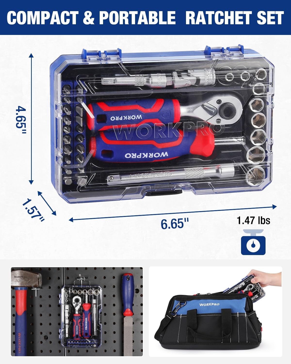 WORKPRO 34 PCS 1/4" Drive Mini Socket Ratchet Wrench Set, Blue, Red, Silver