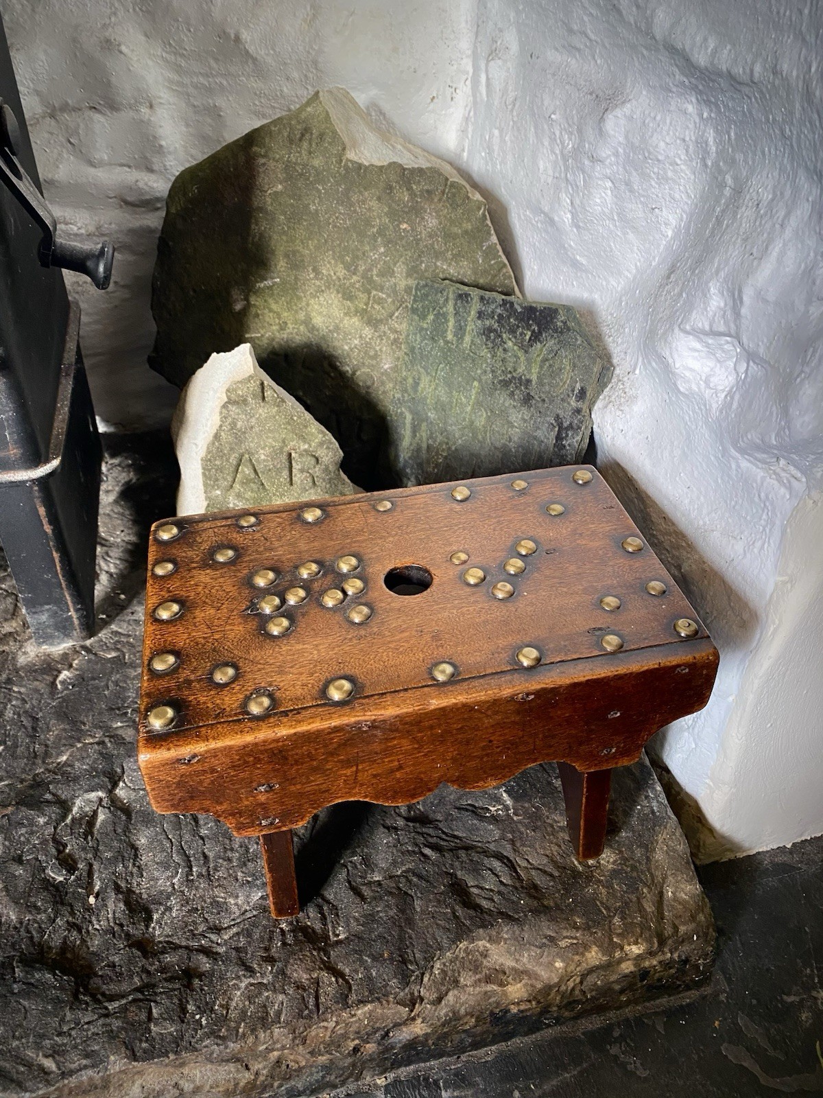 Unusual Antique 19th C. Solid Mahogany Stool With Brass Studs & Initials ‘R.V’