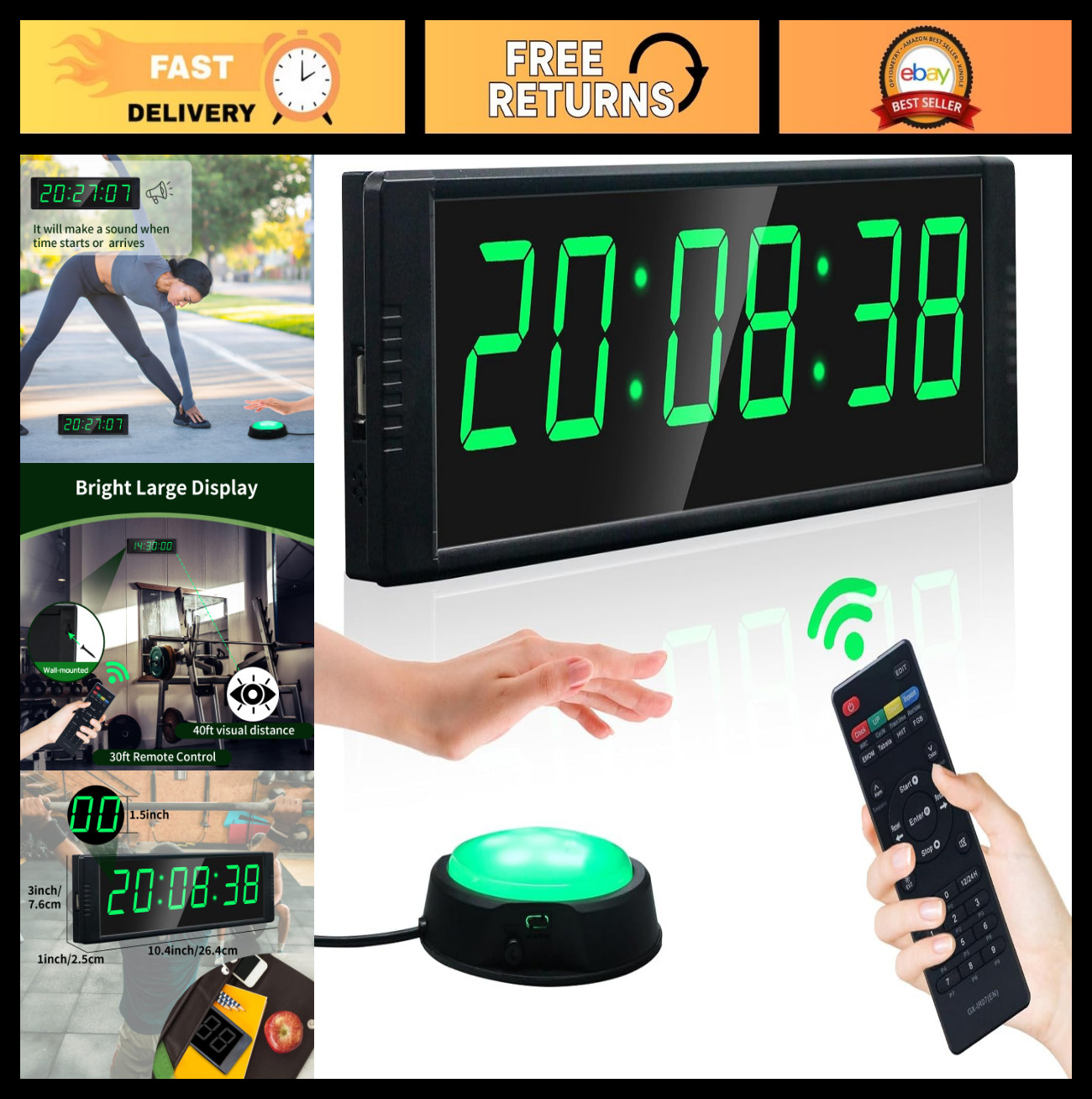 Digital Gym Clock with Interval Timer & Stopwatch, Remote Control, 12/24H Wall C