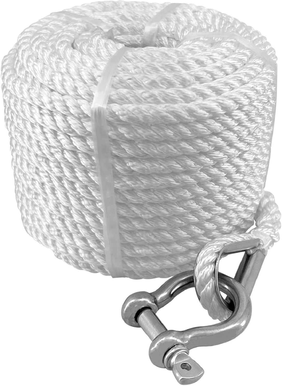 Solid Braid Nylon Marine Anchor Rope 3/8 x 75 Feet White Line With Shackle