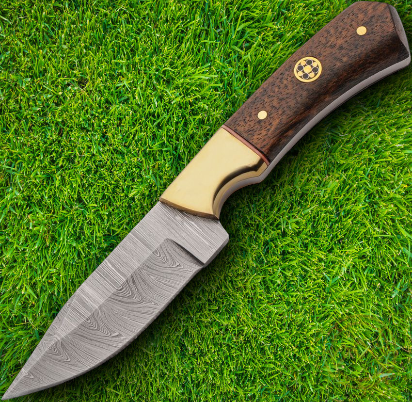 Damascus Bronze Baron Hunter Fixed Knife 3.25 Damascus Steel Blade Walnut Handle