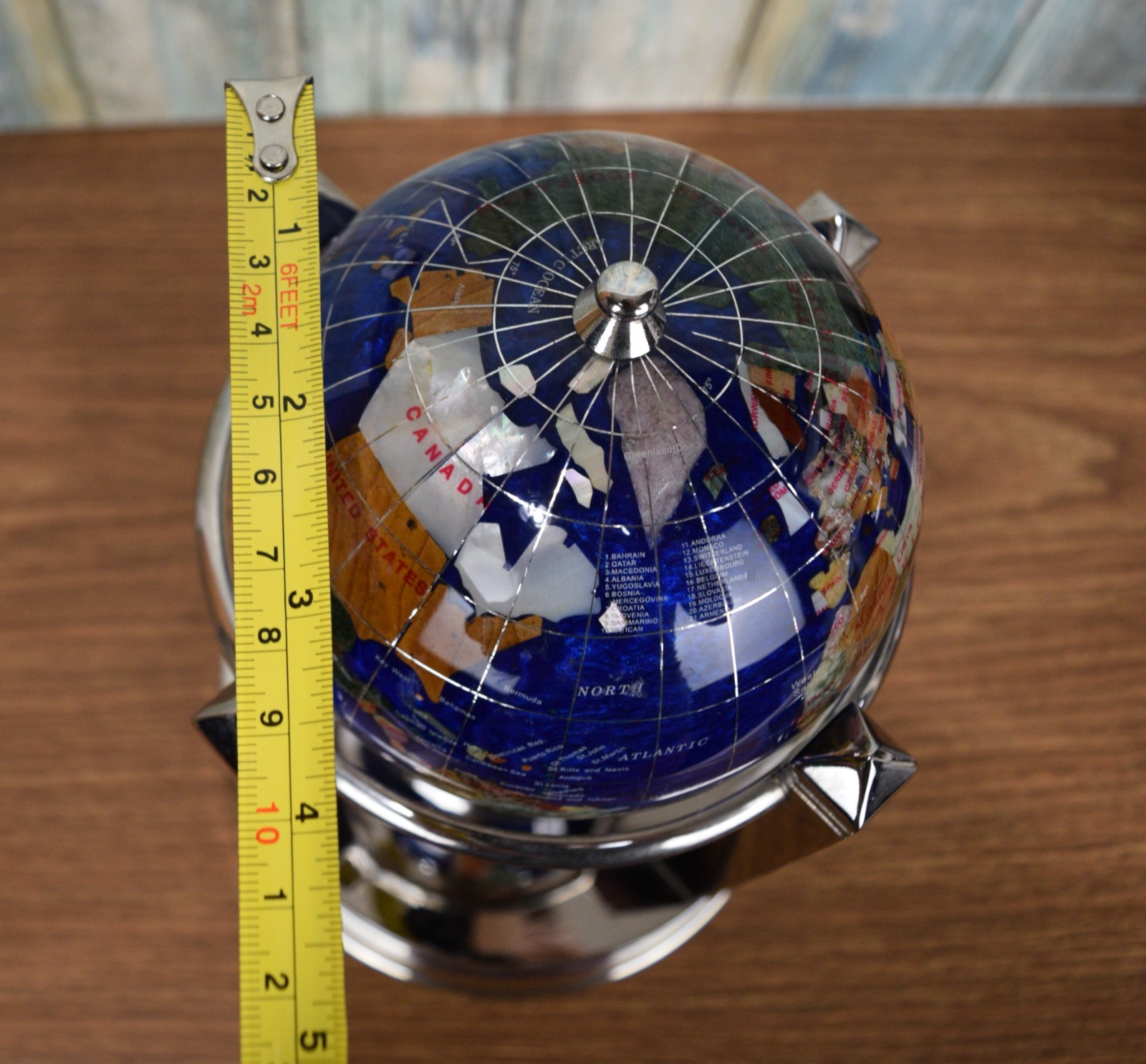 Caribbean Blue Gemstone Rotating Musical Globe With Clock & Thermometer