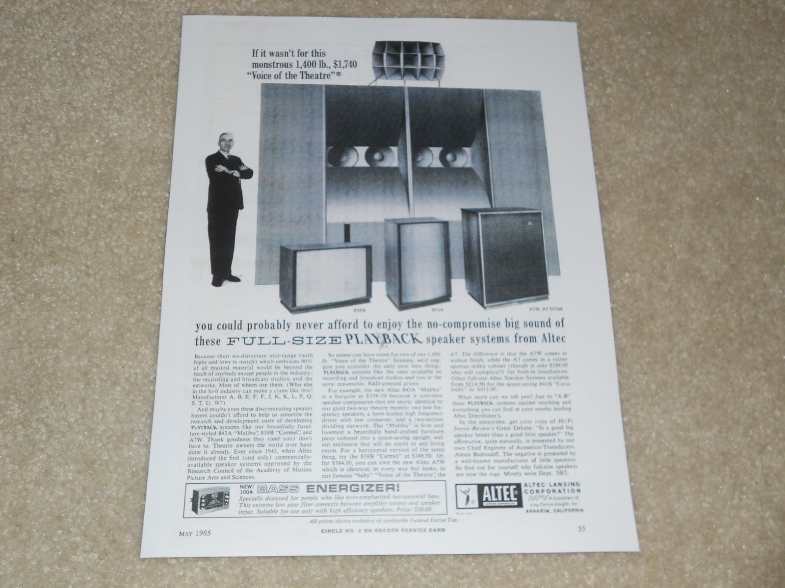 Altec Lansing VOICE OF THE THEATER VOTT, A7w, A7-500 Speaker Ad, 1 pg, 1965