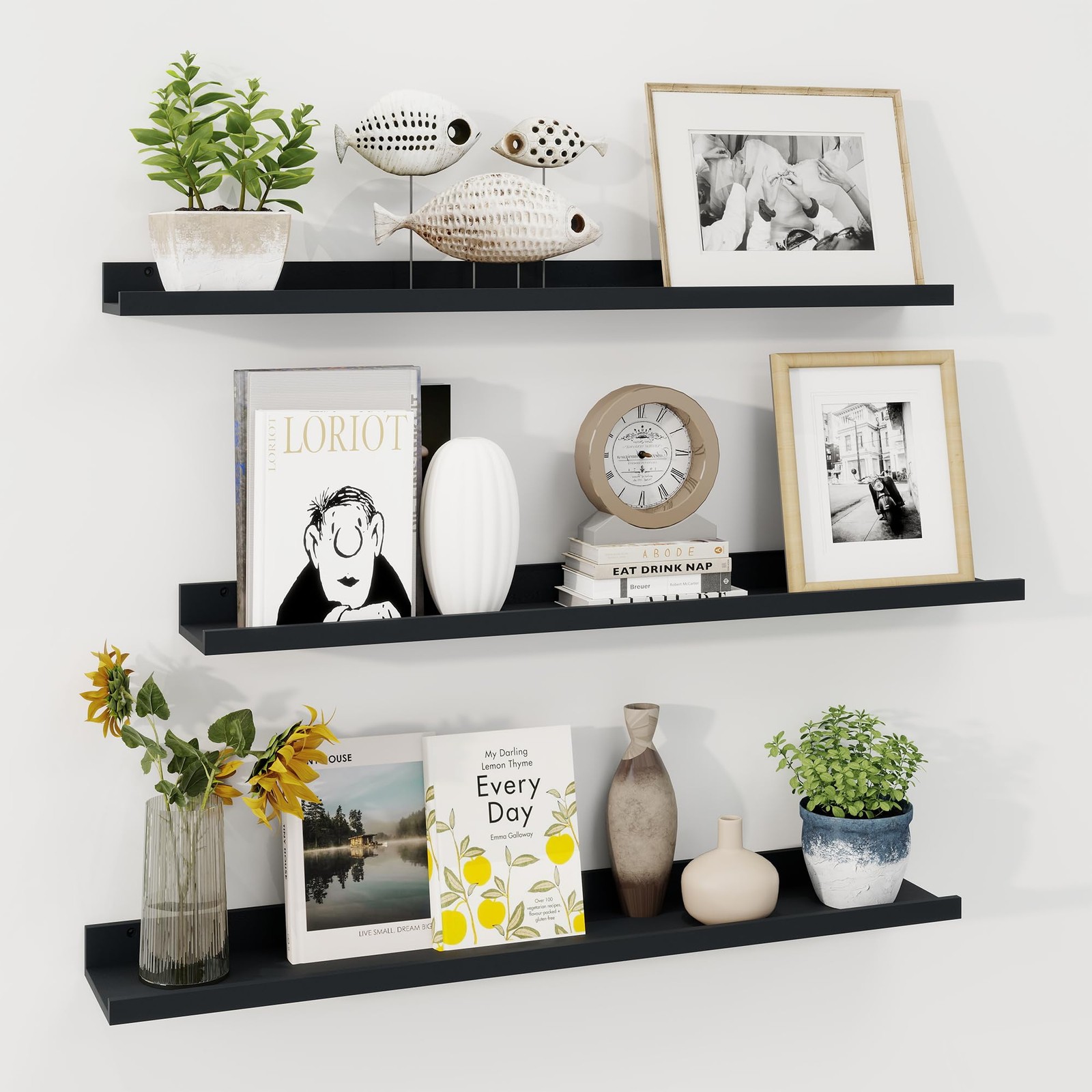 Picture Ledge Shelf, 36 Inch Black Floating Shelves Set of 3