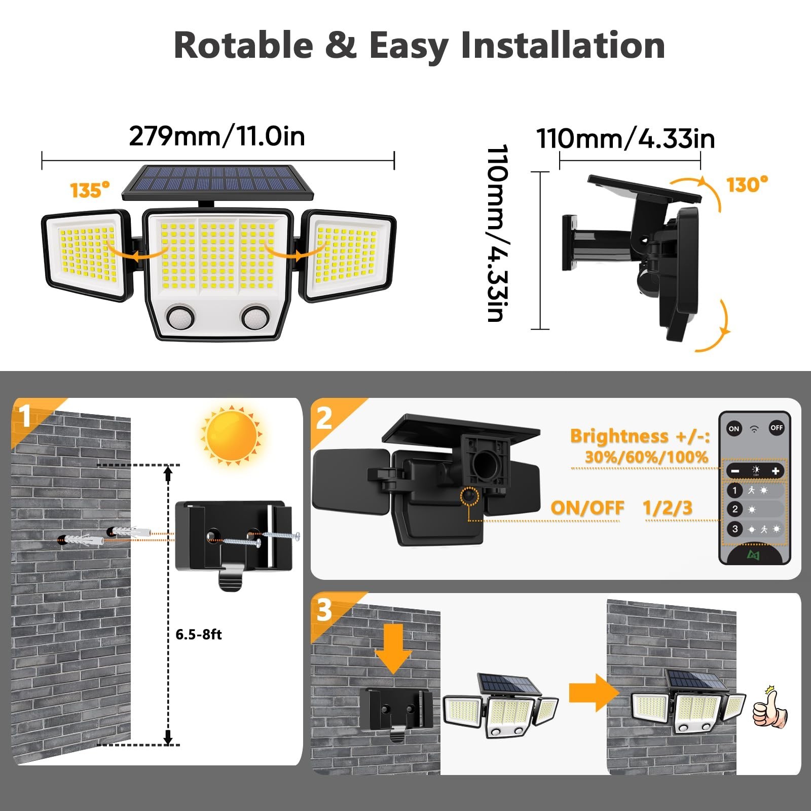 MDCMDCM Solar Motion Sensor Outdoor Lights Waterproof - 3000LM 3 Modes Securi...