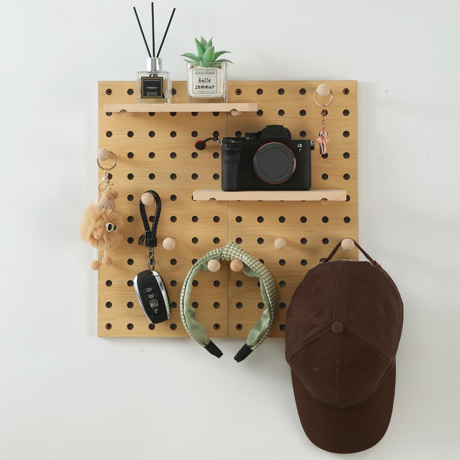 2 Pack Beige Wooden Pegboard Modular Wall Organizer Includes Hooks & Shelf