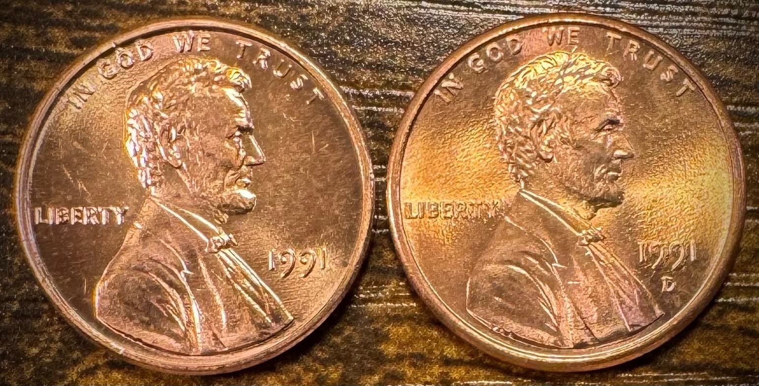 1991 P & D Lincoln Memorial Cent BU 2 Coin Set From Original Rolls