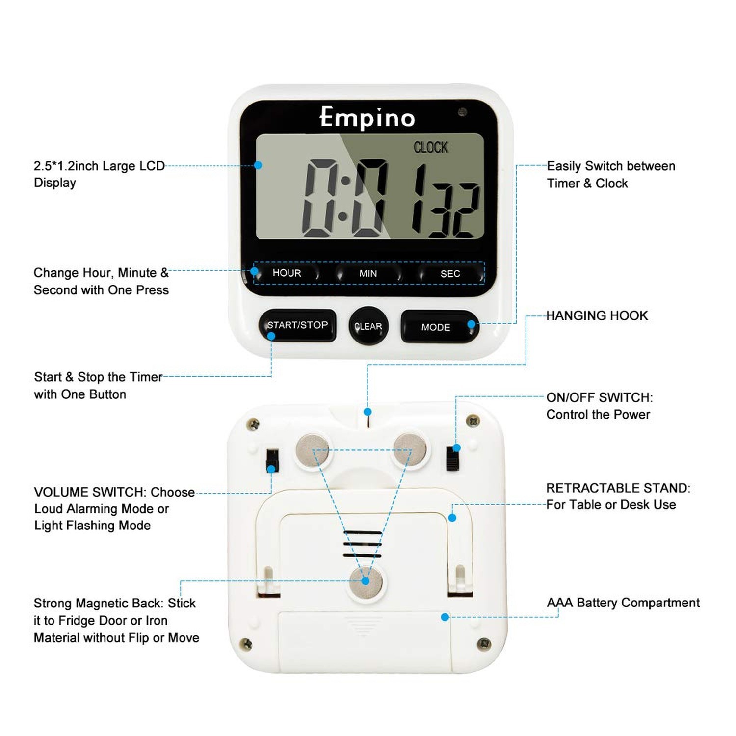 Digital Kitchen Timer Count-Up & Count Down Timer for Cooking Sports Game White