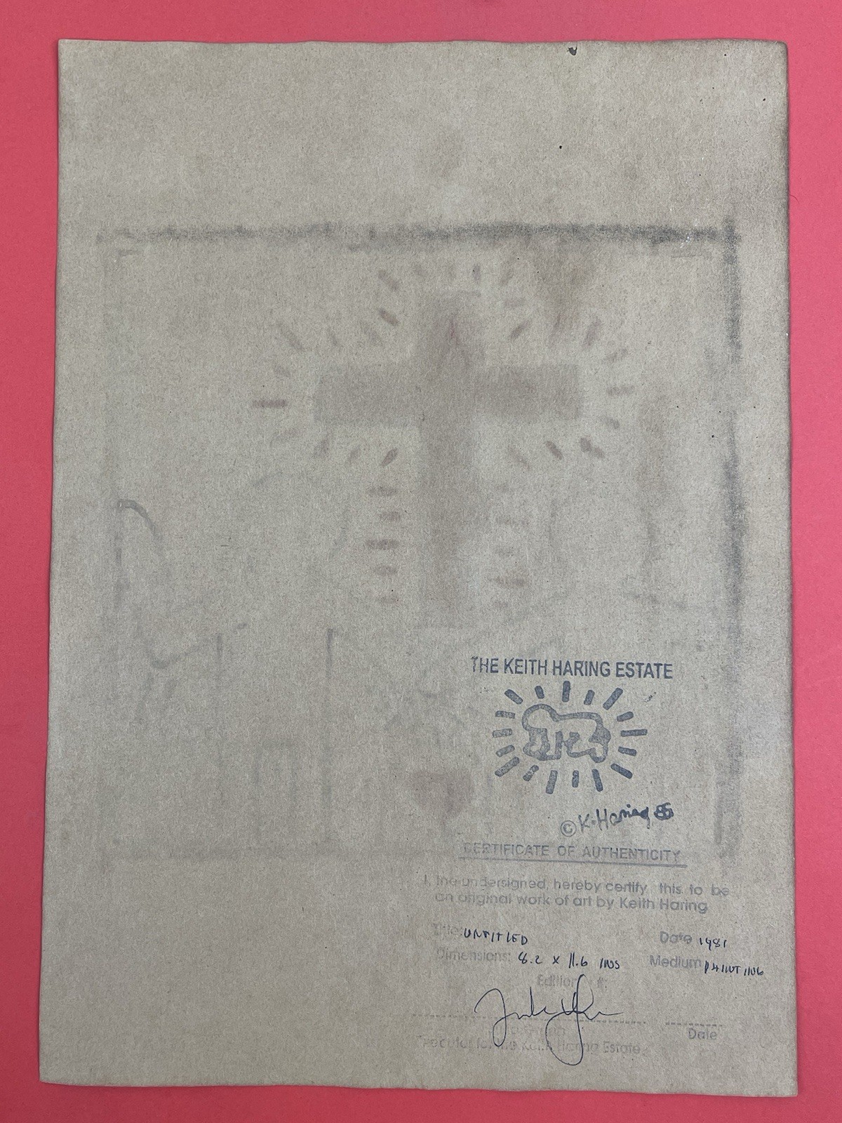 Keith Haring (Handmade) Drawing mixed media on paper signed & stamped