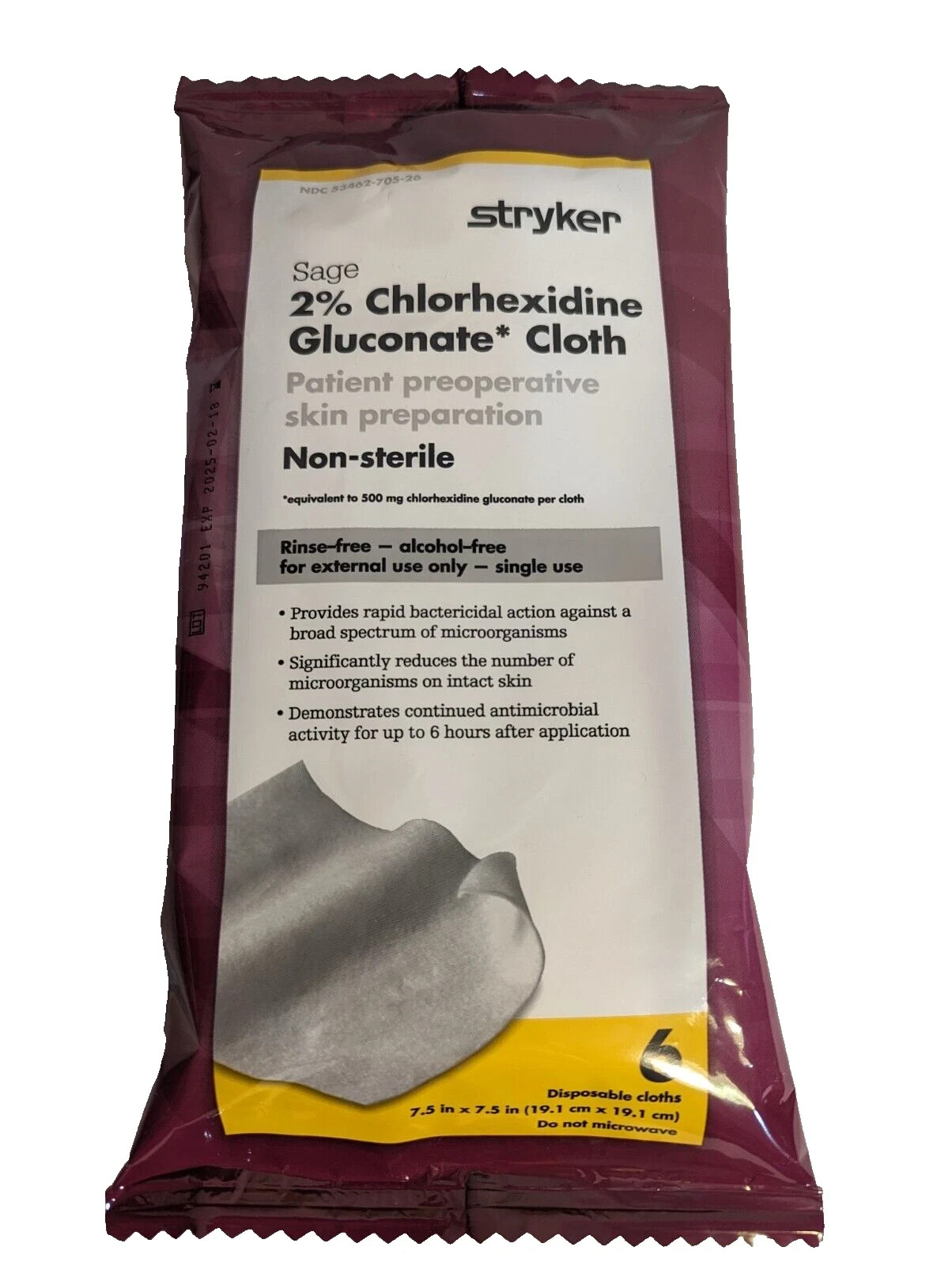 Stryker Sage 2% CHG Chlorhexidine Gluconate Pre Op Skin Prep Cloth Wipes Exp '27