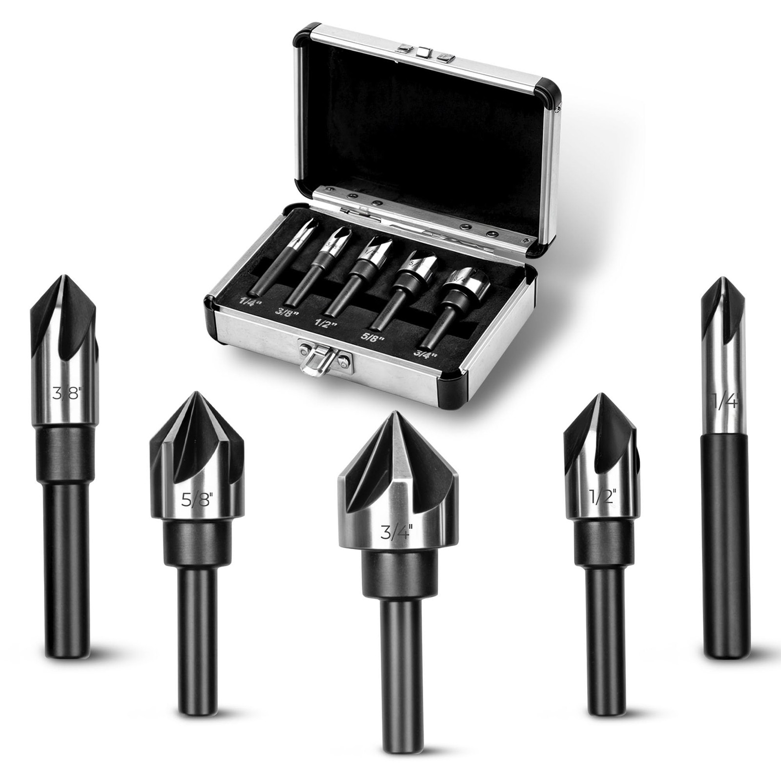 AV Steel Countersink Drill Bit Set, 1/4", 3/8", 1/2", 5/8", 3/4"