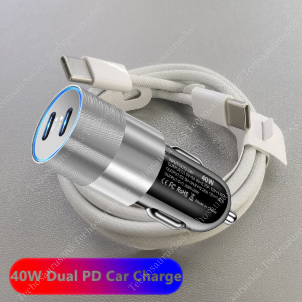 PD 40W Dual USB-C Fast Car Charger Type C Cable For iPhone 15Plus 16e 17 Pro Max