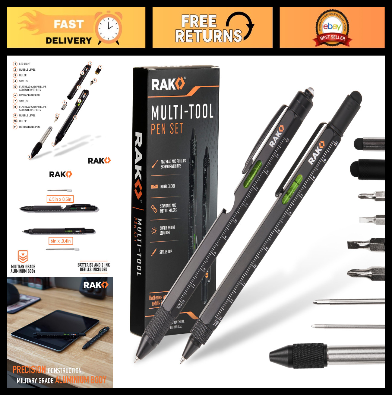 11-in-1 Multitool Pen Set with LED Light, Screwdrivers, Ruler & Bottle Opener -