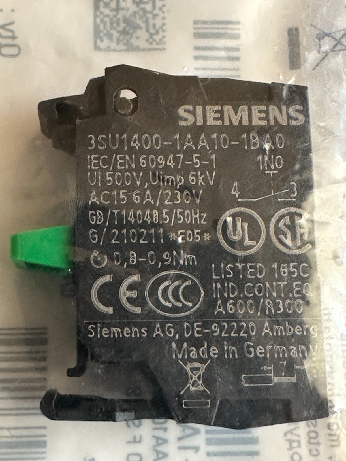 Siemens 3SU1400-1AA10-1BA0 Contact Block (1-N/O) Lot of 5 NEW Fast Ship from USA