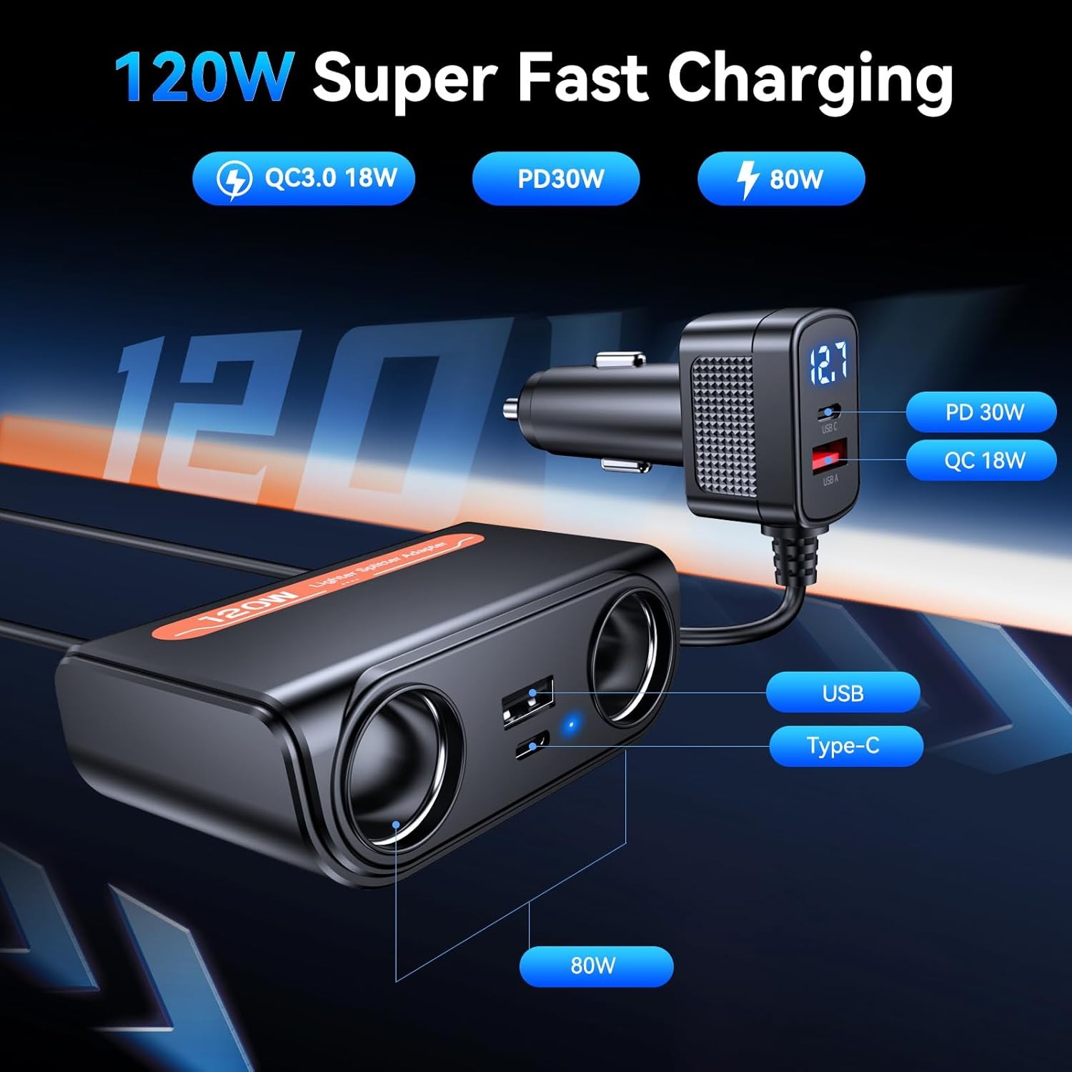 7 in 1 Cigarette Lighter Splitter, 24/12V Socket Car Cigarette Lighter Splitter