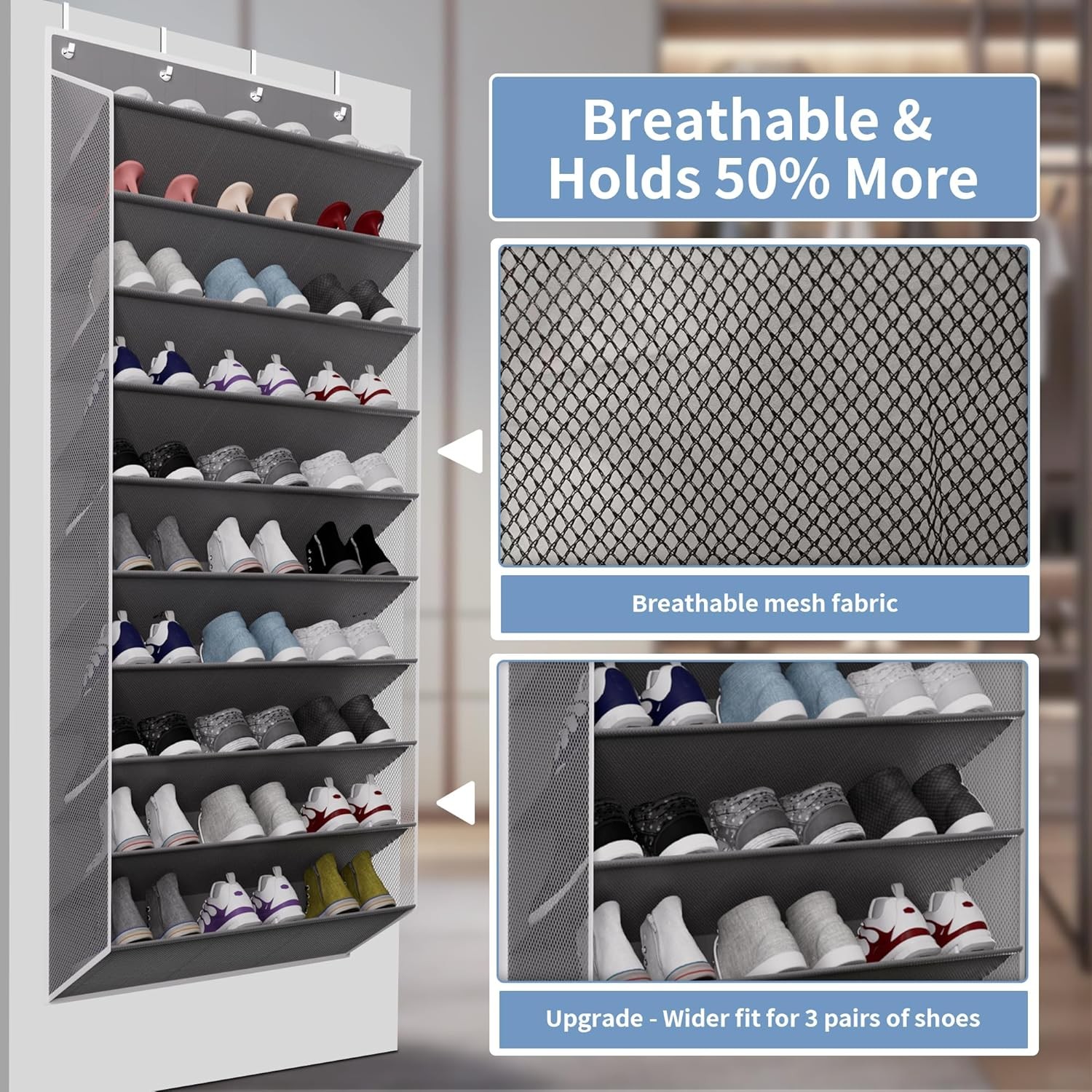 30 Pairs Over The Door Shoe Organizer, 10-Tier Hanging Shoe Rack with Deep Pocke