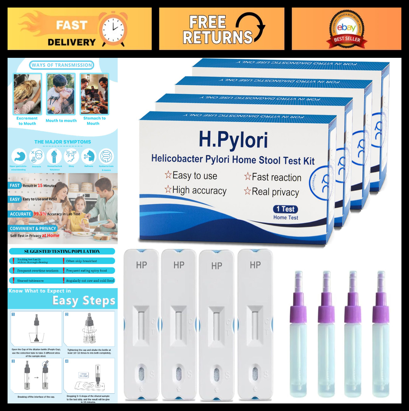Helicobacter Pylori Test Kit - 4 PCS Home Stool Antigen Tests, Results in 10-15