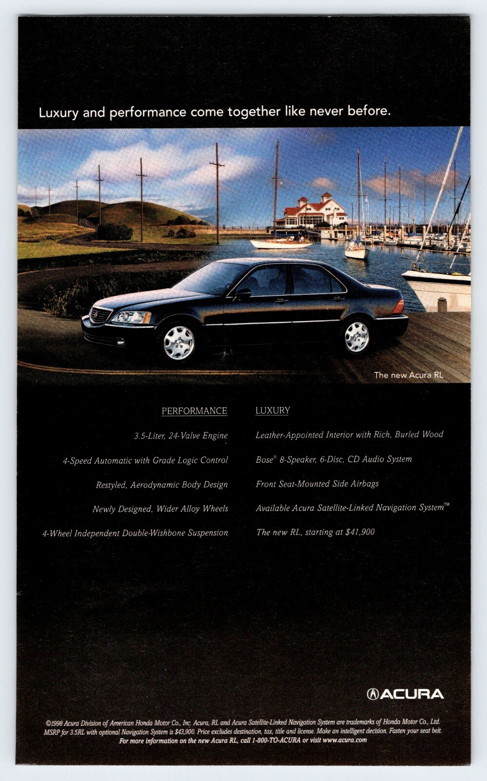 1999 HONDA ACURA CAR AUTOMOBILE VTG 5" X 8.5" Magazine Ad 1990's M459