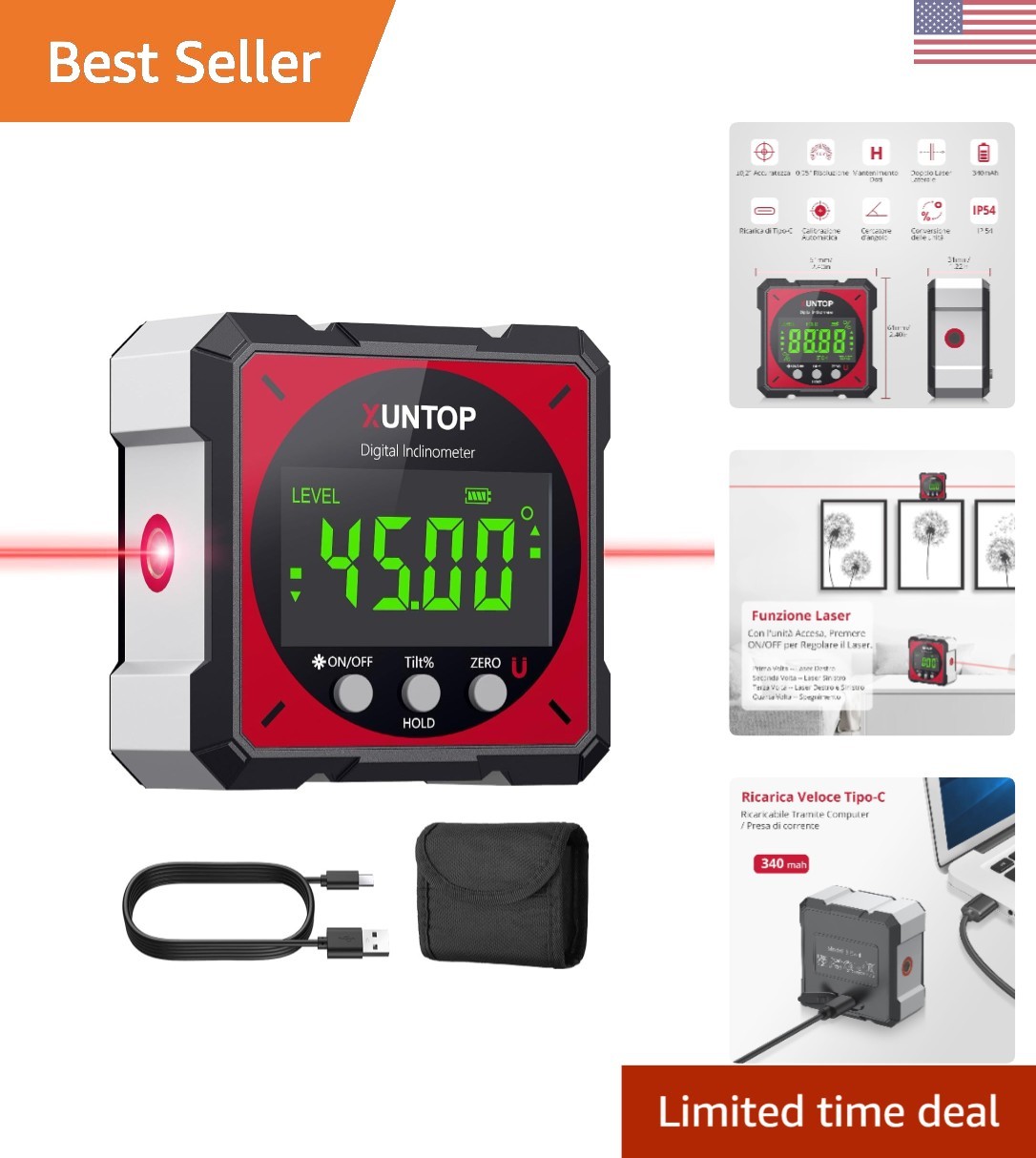 Strong Magnetic Digital Level Box with Laser - Compact USB Charging Angle Finder