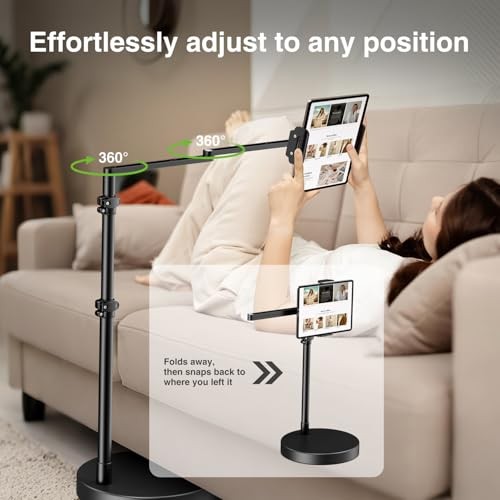 Adjustable Tablet Floor Stand with Heavy Duty Base, Side-Clamp Tablet Holder