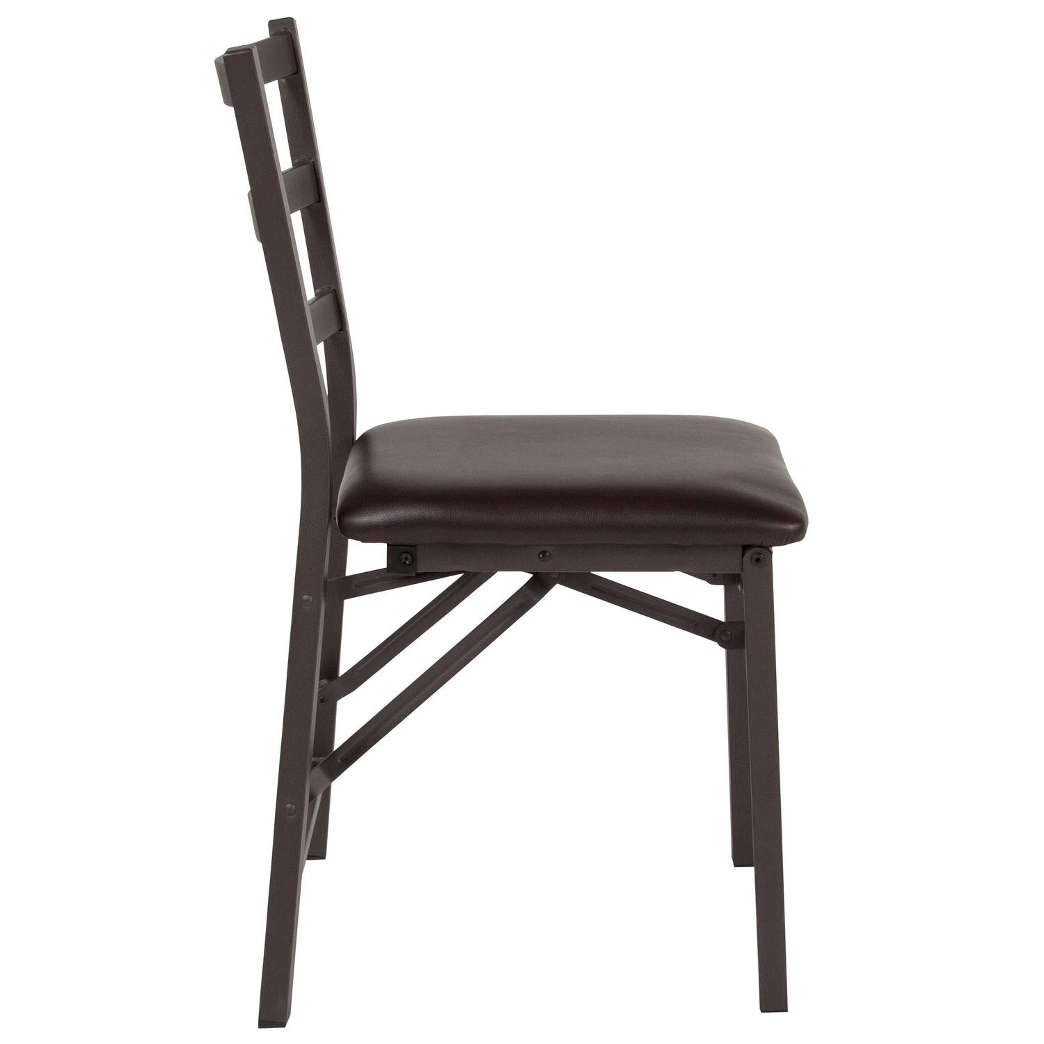 2 PK Brown Folding Ladder Back Metal Chair - Brown Vinyl Seat - Dining Furniture
