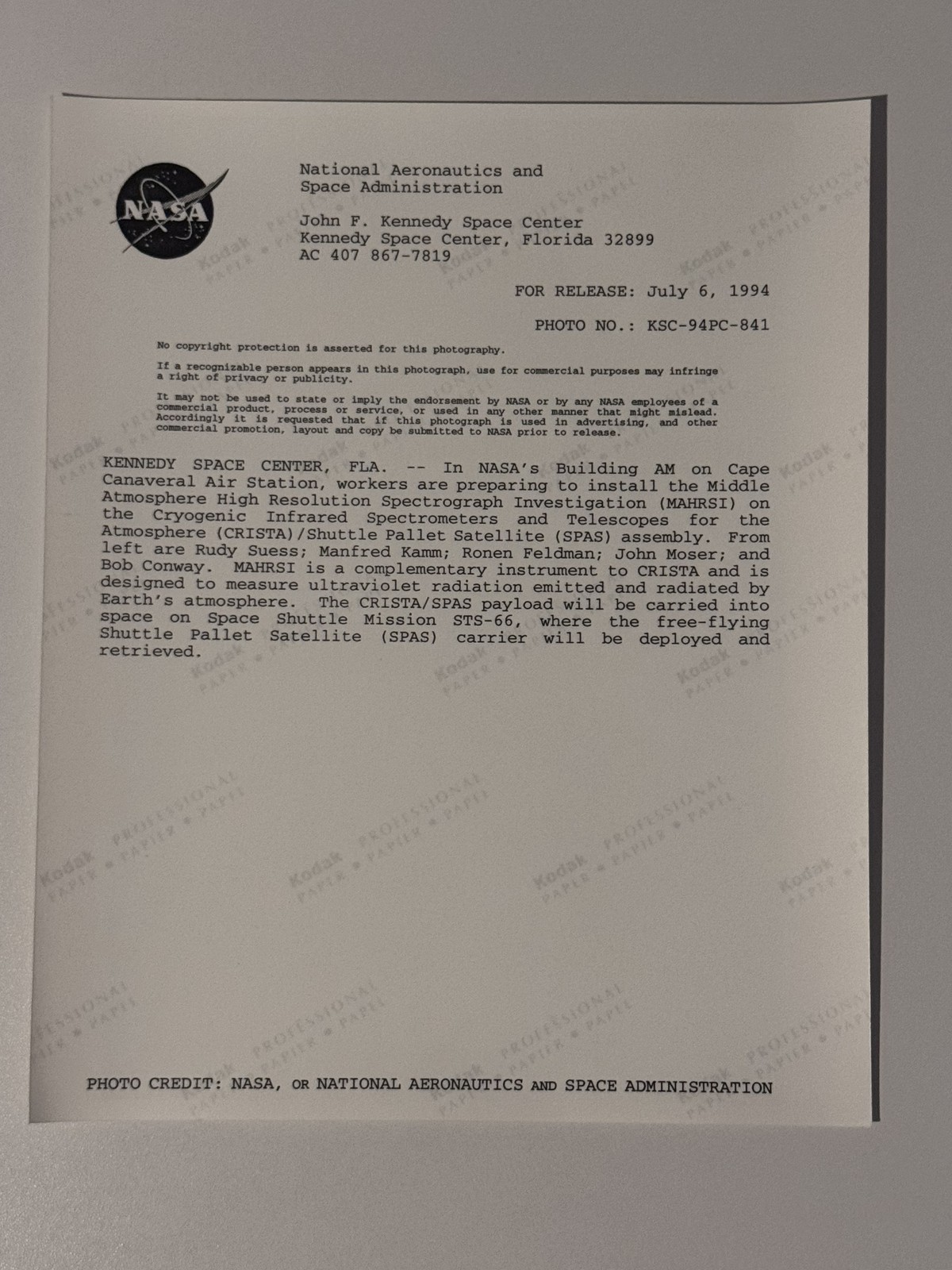 NASA STS-66 CRISTA/SPAS Payload Integration Testing Press Photo
