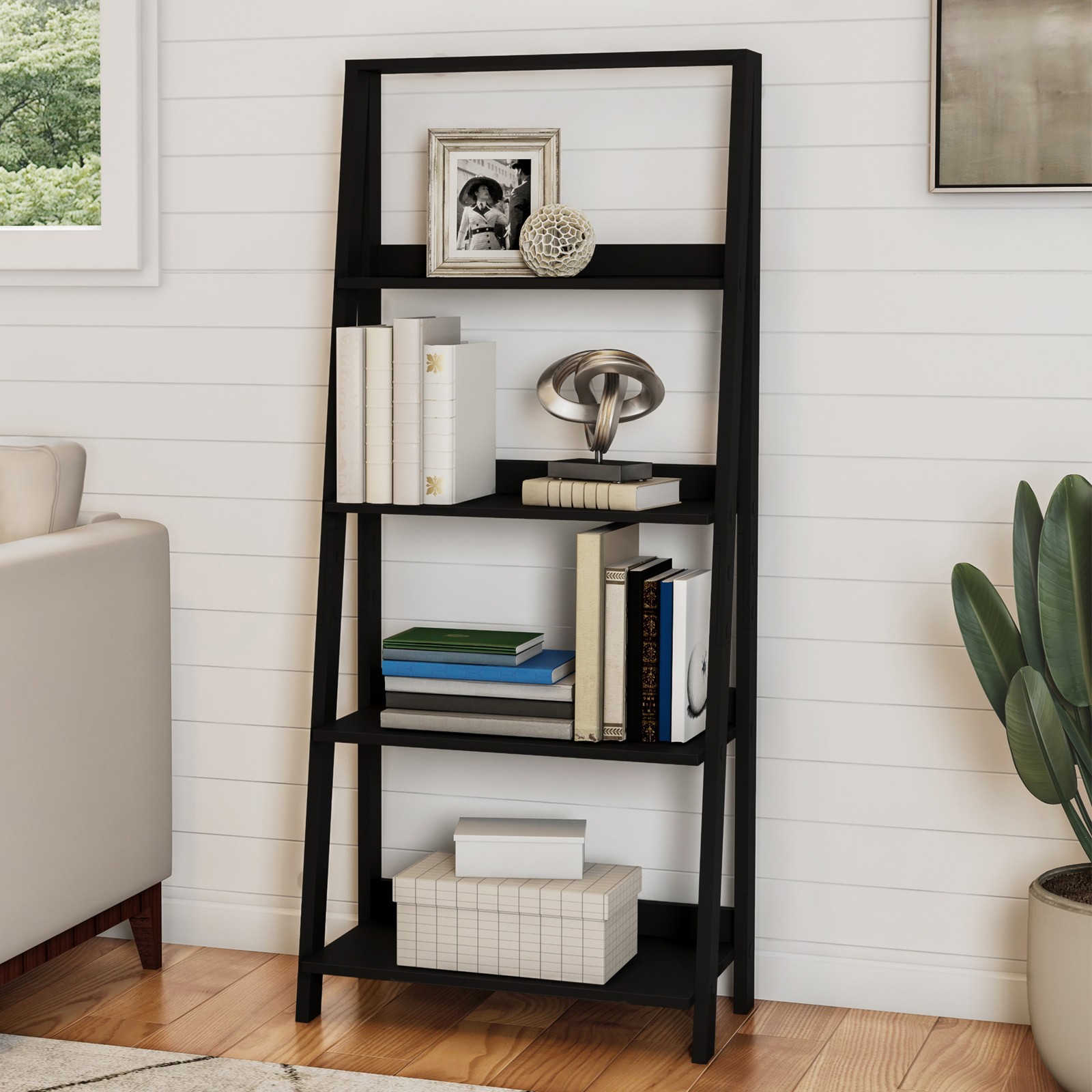 4-Tier Ladder Bookshelf Shelf Bookcase with Leaning Look for Living Room, Black